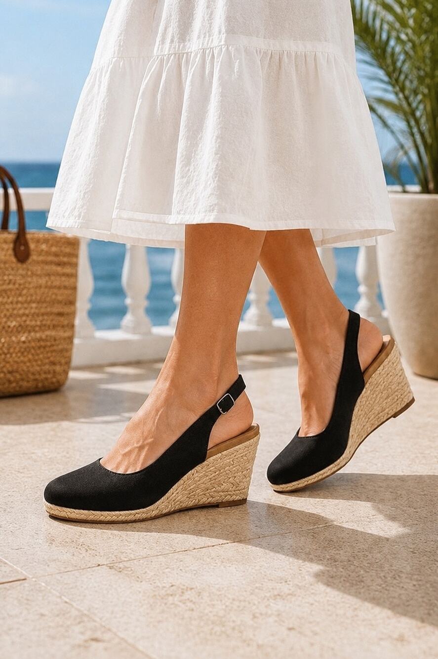 Vionic Coralina Black Espadrille Slingback Wedge Comfort Shoes Wide Size 7